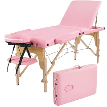  3-секционный Портативный Деревянный Массажный стол для спа-процедур, розовый