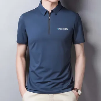  New Discovery Channel Классическая однотонная рубашка для гольфа Мужская Шелковая Хлопковая летняя футболка с коротким рукавом Slim Fit Повседневное поло на молнии