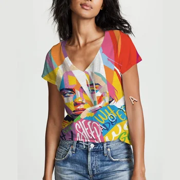  Новая модная сексуальная женская футболка с V-образным вырезом, красивый абстрактный узор, короткий рукав, обычная уличная повседневная женская футболка с графическим рисунком