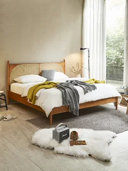  Японская кровать из массива дерева, двуспальная кровать из вишневого дерева, ретро-кровать из ротанга, небольшая мастер-кровать